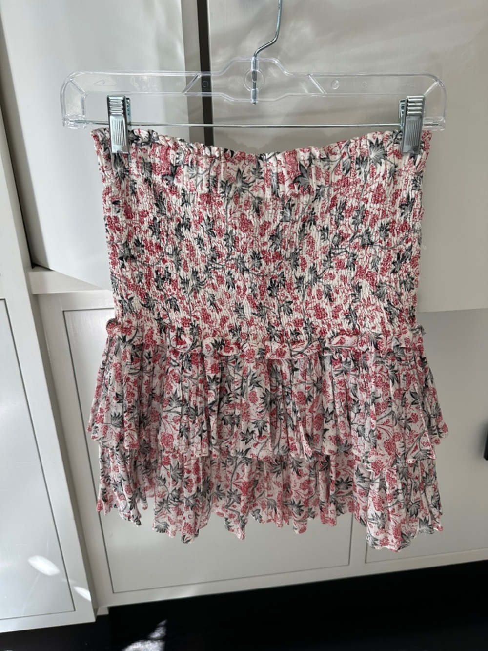 Isabel Marant Pink and White Smocked Floral Ruffle Mini Skirt
